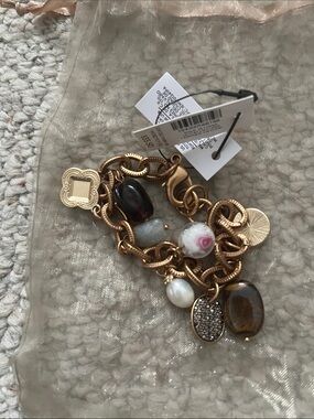 Chico's Gold-Tone Multi-Bead Charm Bracelet with Pearl and Brown Accents